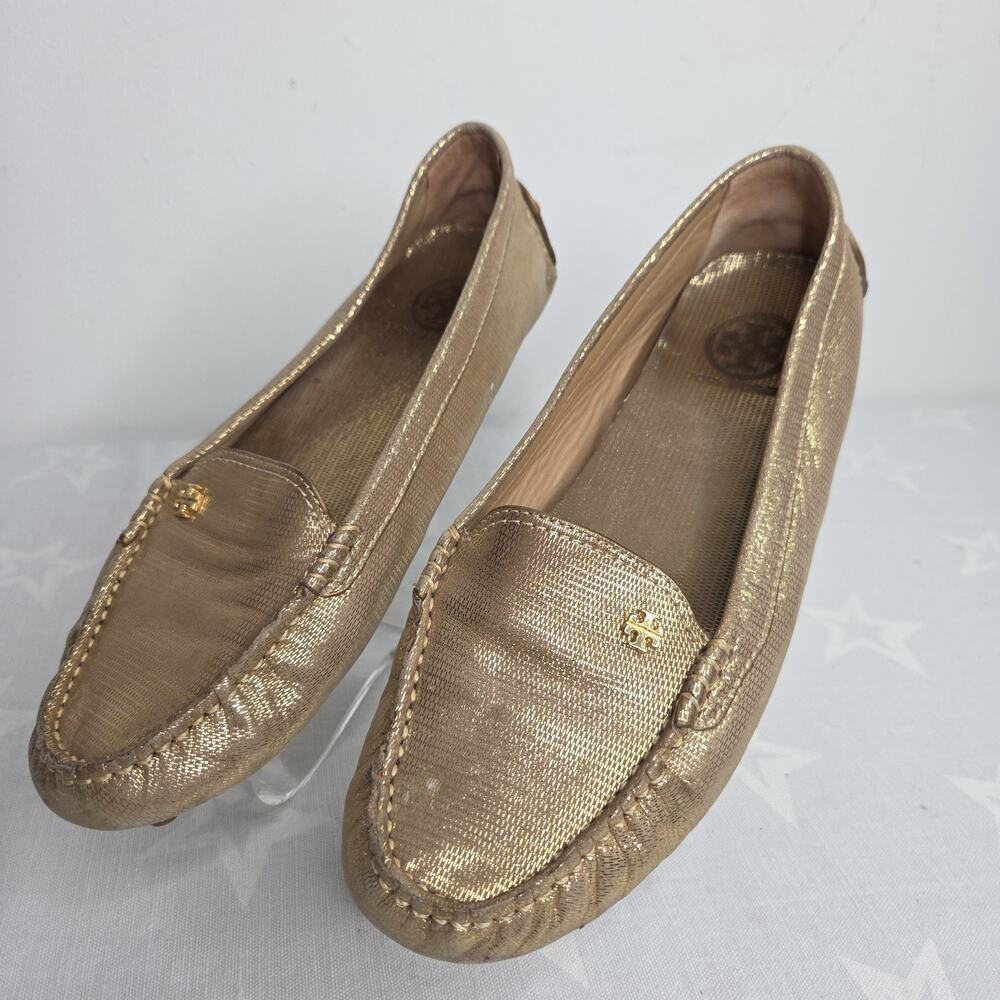 Tory Burch Arianna Driving Loafer Moccasins Flat Shoes Metallic GOLD Sz 9